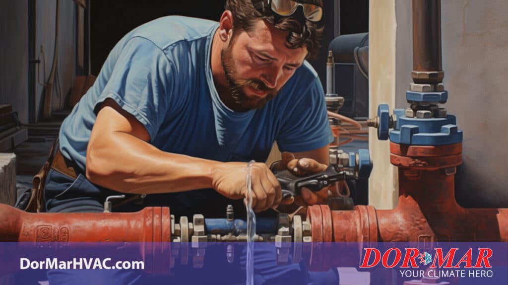 Backflow plumber at Dor-Mar performing maintenance on a backflow prevention system